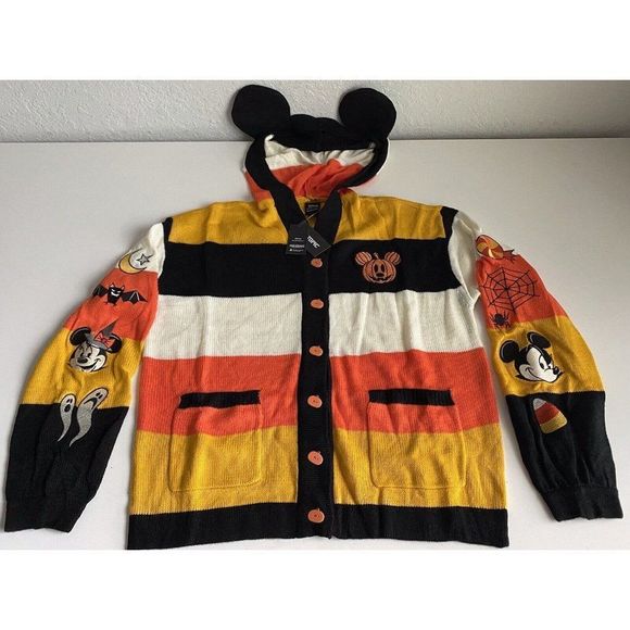 Mickey Mouse Candy Corn Disney Cardigan Sz M Her Universe Hot Topic Halloween - Picture 1 of 10